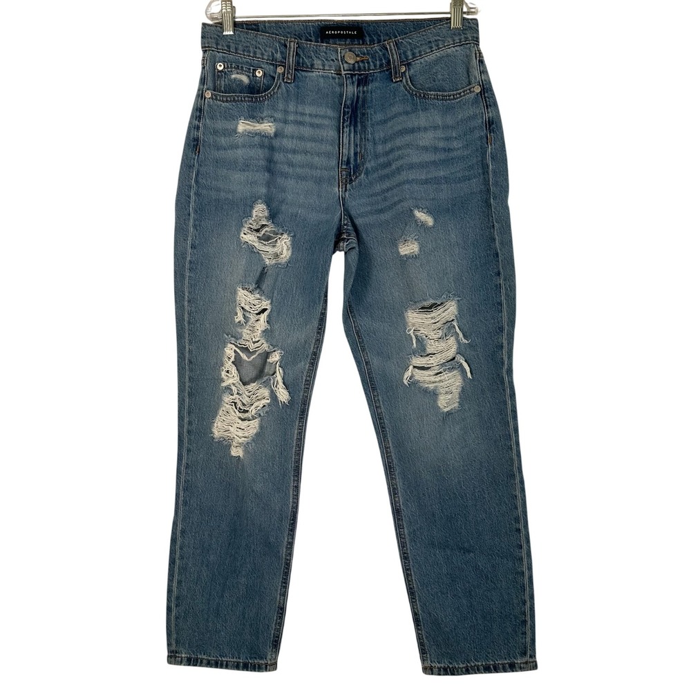 Aeropostale Mom Jeans Medium Wash Distressed Ripped High Rise Denim